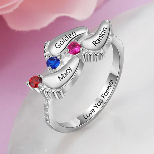 Silver Plated Engraved 3 Birthstone Footprints Family Ring - Image 3