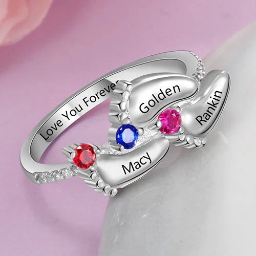 Silver Plated Engraved 3 Birthstone Footprints Family Ring - Image 4