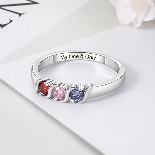 Silver Plated Engraved 3 Birthstone S-Curve Ring - Image 3