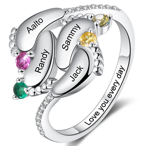 Silver Plated Engraved 4 Birthstone Footprints Family Ring