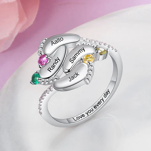 Silver Plated Engraved 4 Birthstone Footprints Family Ring - Image 2