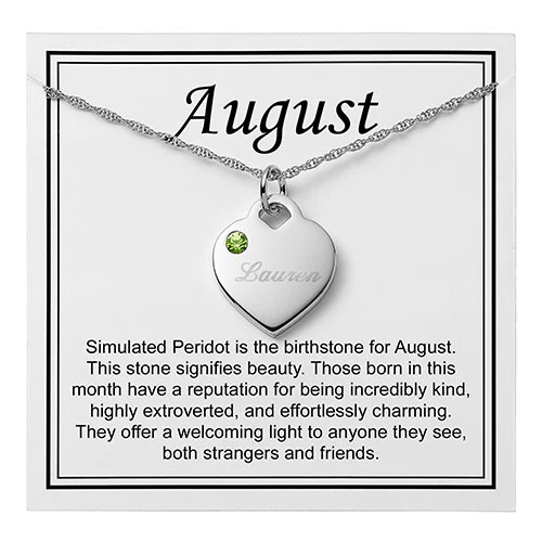 Silver Plated Engraved August Birthstone Heart Necklace
