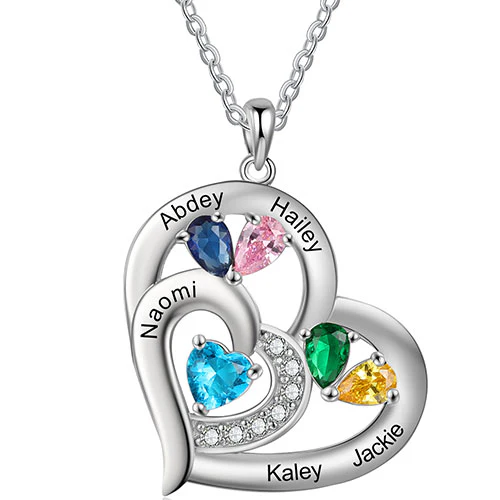Silver Plated Engraved Birthstone Double Heart with CZ Necklace