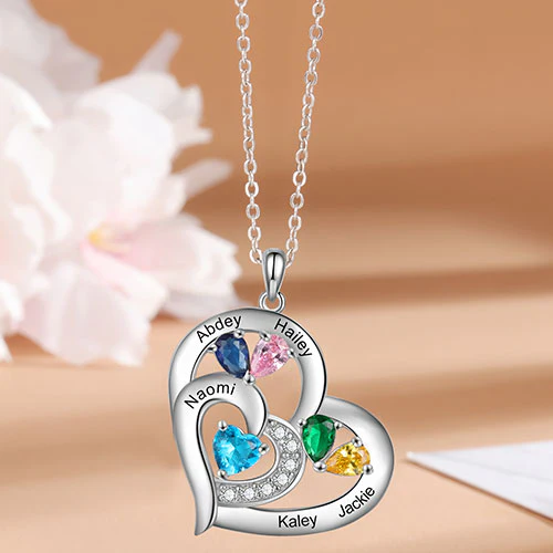 Silver Plated Engraved Birthstone Double Heart with CZ Necklace - Image 2