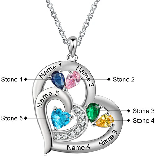 Silver Plated Engraved Birthstone Double Heart with CZ Necklace - Image 3