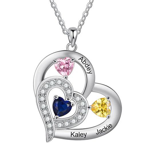 Silver Plated Engraved Birthstone Double Heart with CZ Necklace - Image 4