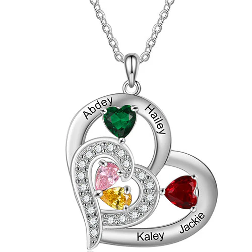 Silver Plated Engraved Birthstone Double Heart with CZ Necklace - Image 5