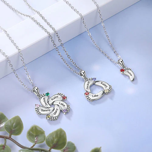 Silver Plated Engraved Birthstone Footprint Necklace - Image 8