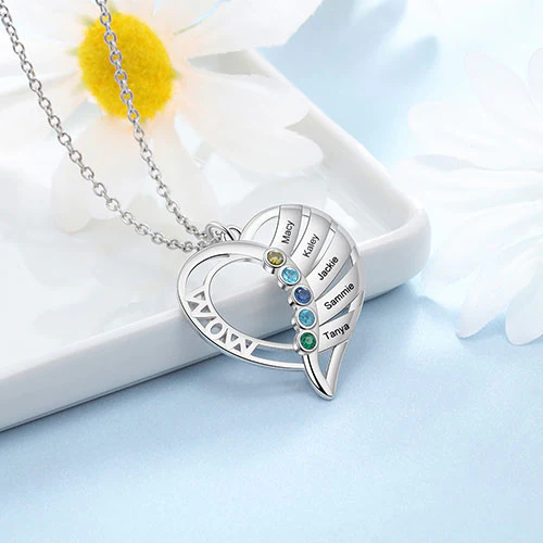 Silver Plated Engraved Birthstone Open Heart Mom Necklace - Image 2