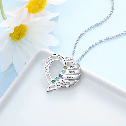 Silver Plated Engraved Birthstone Open Heart Mom Necklace - Image 3