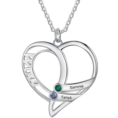 Silver Plated Engraved Birthstone Open Heart Mom Necklace - Image 4