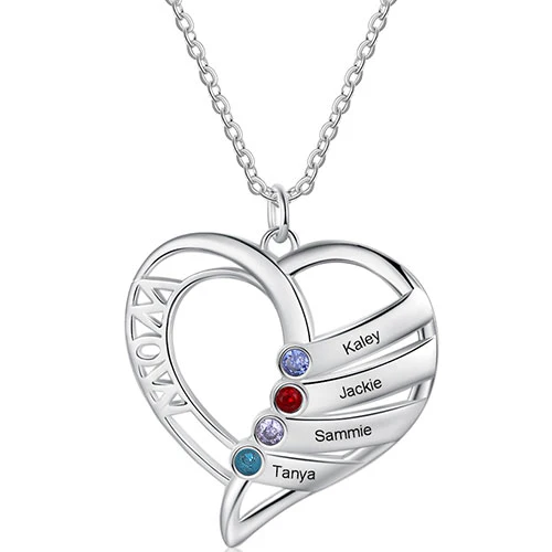Silver Plated Engraved Birthstone Open Heart Mom Necklace - Image 5