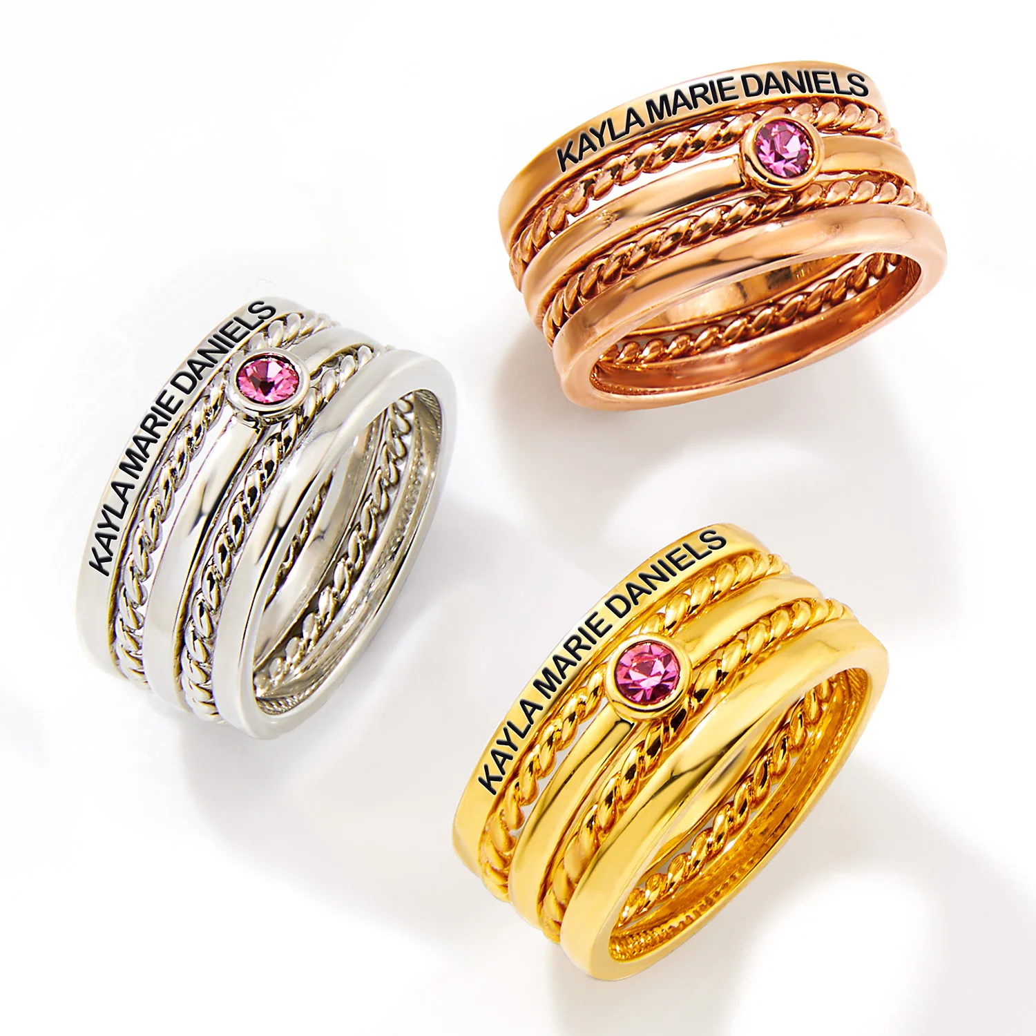 Silver Plated Engraved Birthstone Roped Stackable 5 Ring Set - Image 4