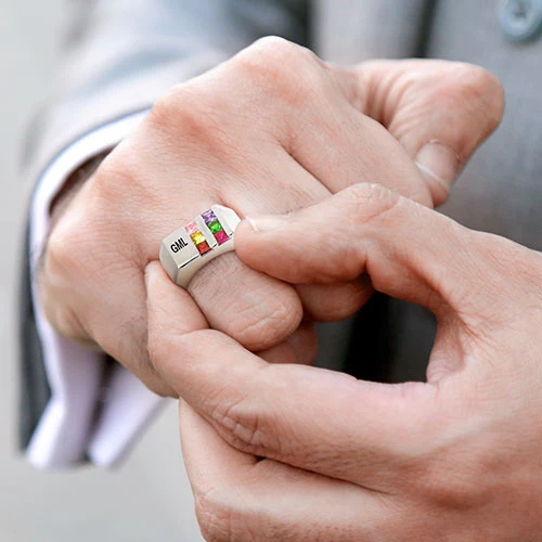 Silver Plated Engraved Double Row Birthstones Signet Ring - Image 3