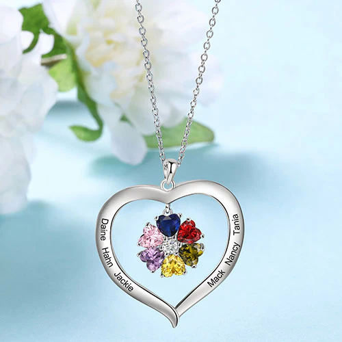 Silver Plated Engraved Heart Birthstone Open Heart Necklace - Image 2