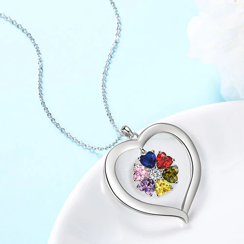 Silver Plated Engraved Heart Birthstone Open Heart Necklace - Image 3