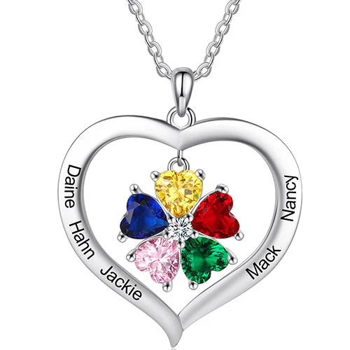 Silver Plated Engraved Heart Birthstone Open Heart Necklace - Image 6