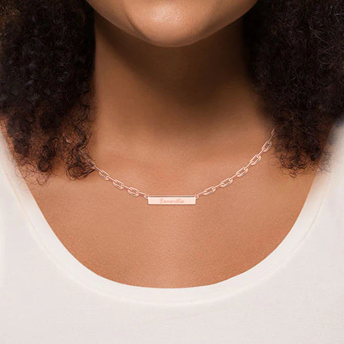 Silver Plated Engraved Horizontal Bar Paperclip Chain Necklace - Image 7