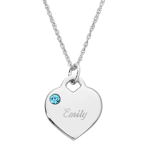 Silver Plated Engraved March Birthstone Heart Necklace - Image 3