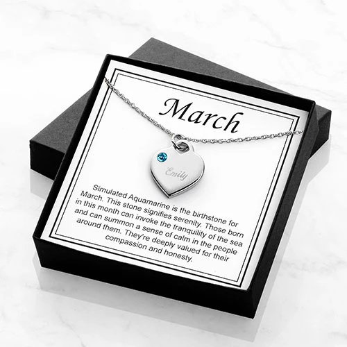 Silver Plated Engraved March Birthstone Heart Necklace - Image 4