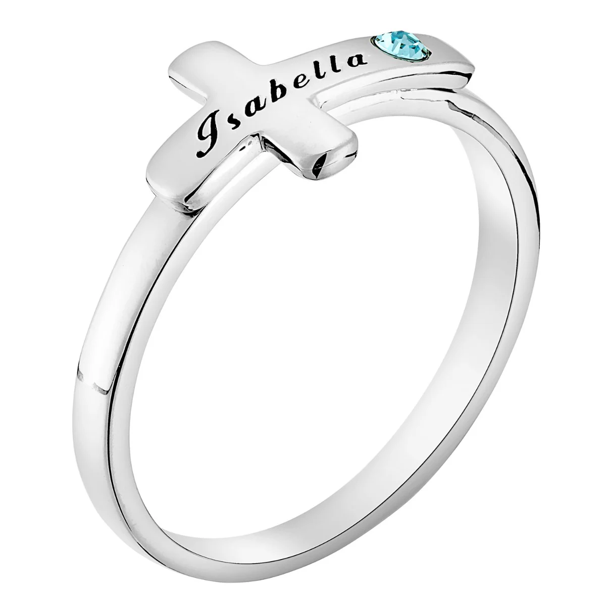Silver Plated Engraved Name and Birthstone Cross Ring - Image 2