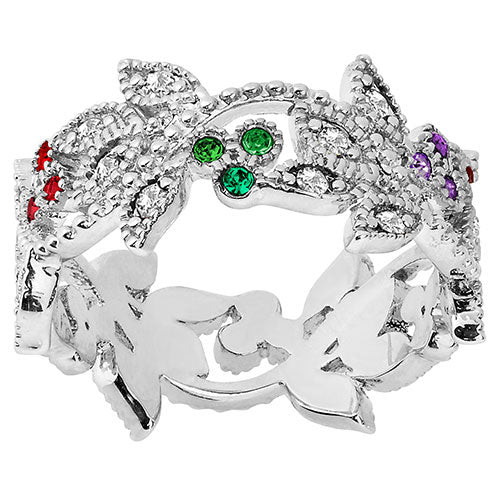 Silver Plated Family Birthstone with Clear Leaves Band Ring