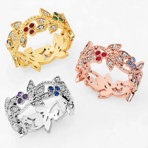Silver Plated Family Birthstone with Clear Leaves Band Ring - Image 4