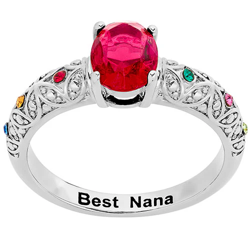 Silver Plated Fine Filigree Oval Family Birthstone Ring