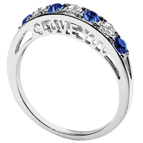 Silver Plated I LOVE YOU Simulated Sapphire and Clear Crystal Ring