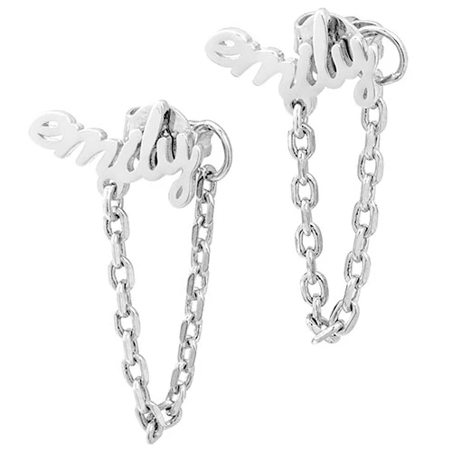 Silver Plated Lowercase Script Name Crawler Button with Chain Loop Earring - Image 3