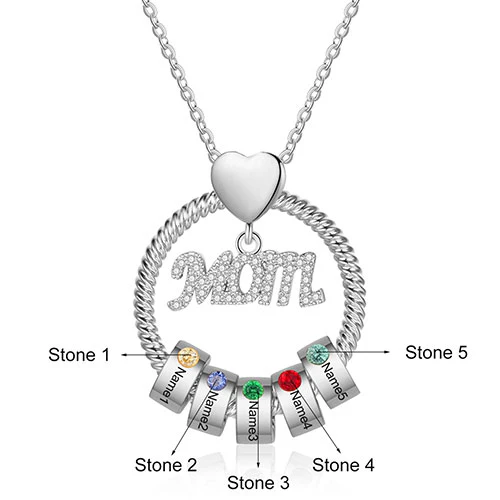 Silver Plated Mom Circle Pendant with Engraved Birthstone Charm - Image 4