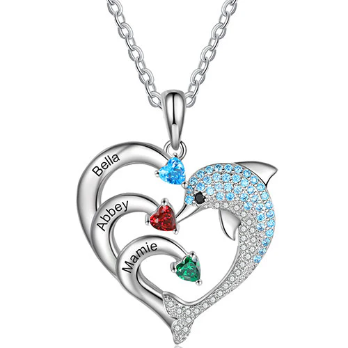 Silver Plated Pave Dolphin Open Heart Engraved Birthstone Necklace - Image 7