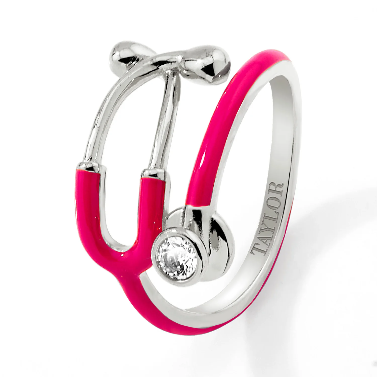 Silver Plated Personalized Birthstone & Enamel Stethoscope Wrap Ring - Image 3