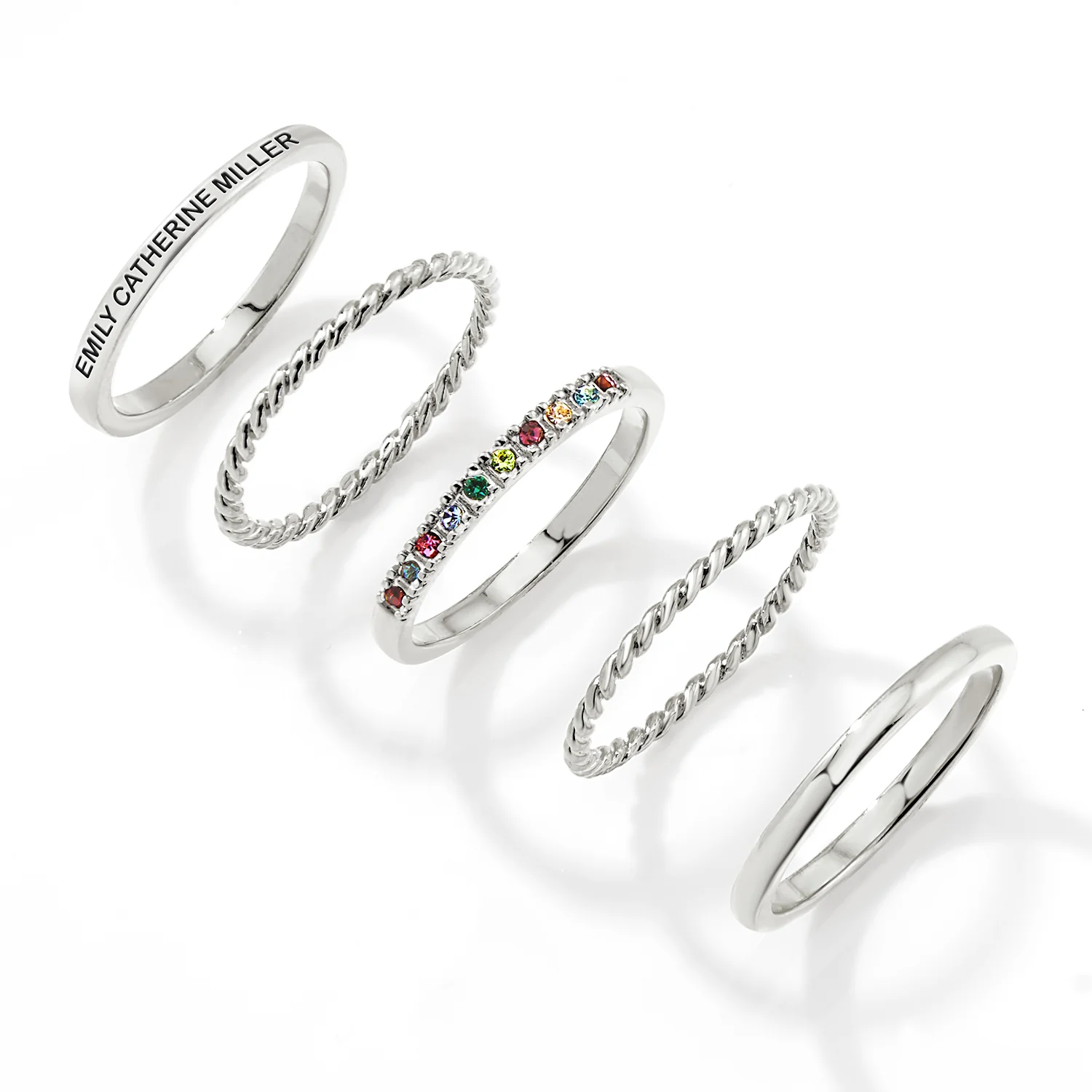 Silver Plated Personalized Family Birthstone Roped Stackable 5 Ring Set - Image 3