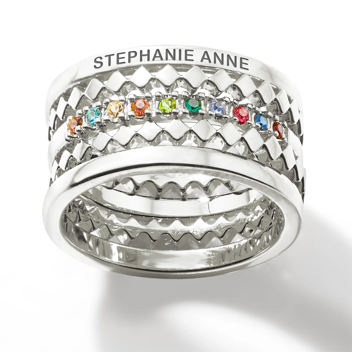 Silver Plated Personalized Family Birthstone Stackable 5 Ring Set