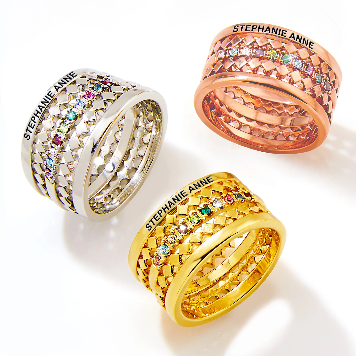 Silver Plated Personalized Family Birthstone Stackable 5 Ring Set - Image 4