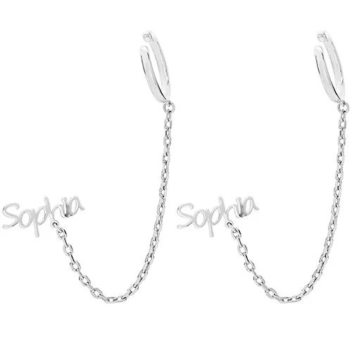 Silver Plated Personalized Name Crawler Button with Ear Cuff and Chain Earring - Image 3