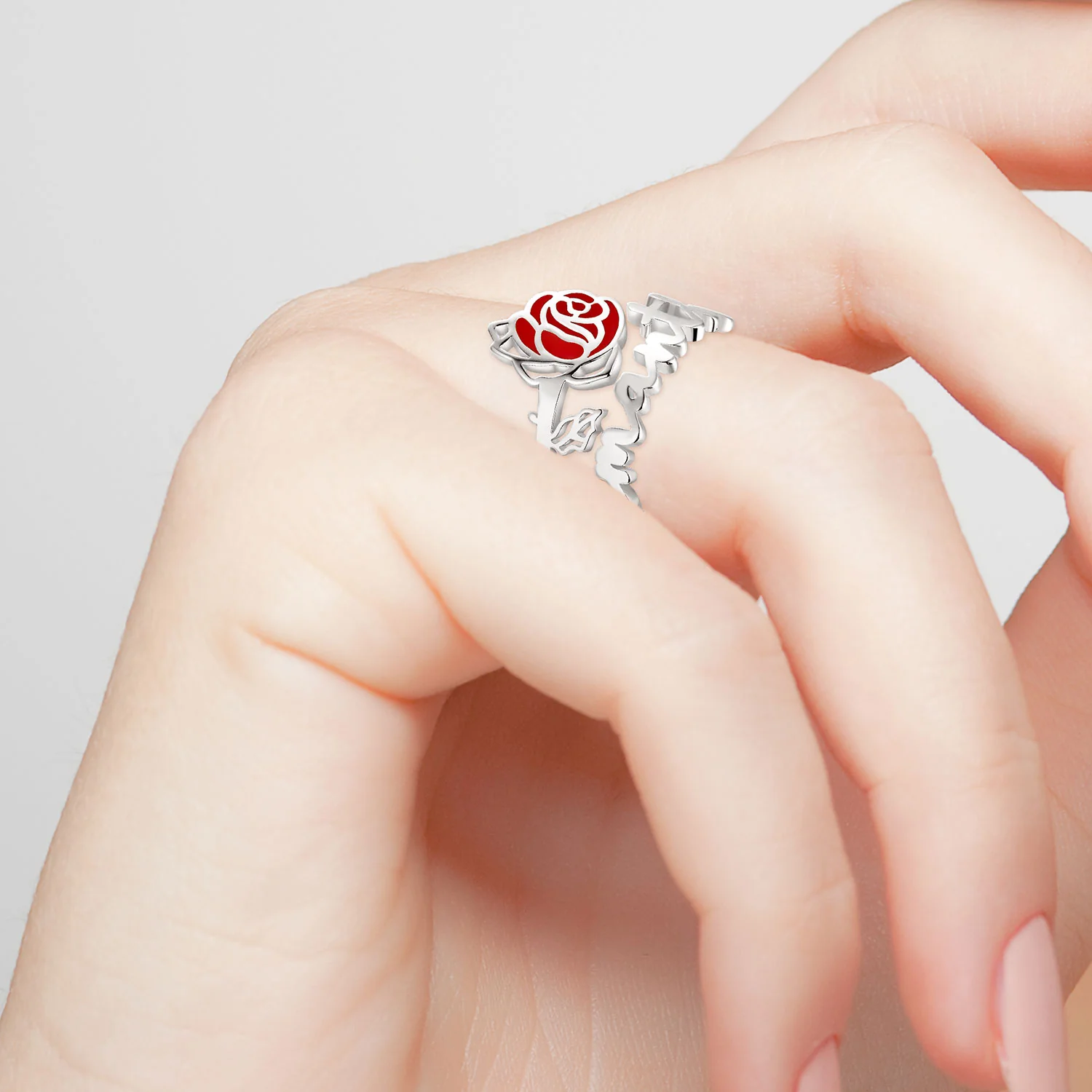 Silver Script Name and Birthmonth Enamel Flower Bypass Ring - Image 2