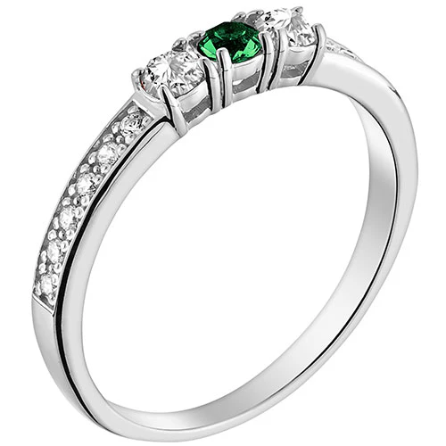 Silver Plated Simulated Emerald and Clear Crystal 3-Stone Ring - Image 2
