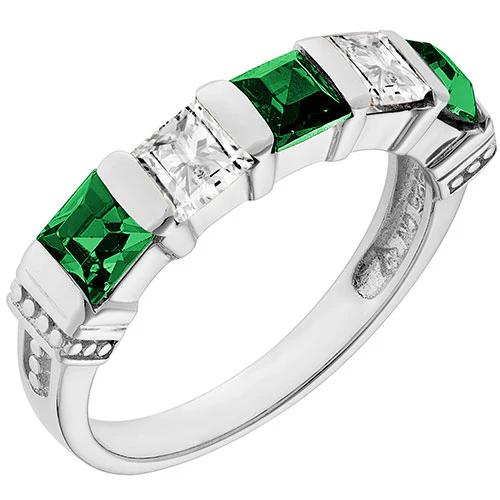 Silver Plated Simulated Emerald and Clear Crystal 5 Stone Ring - Image 2