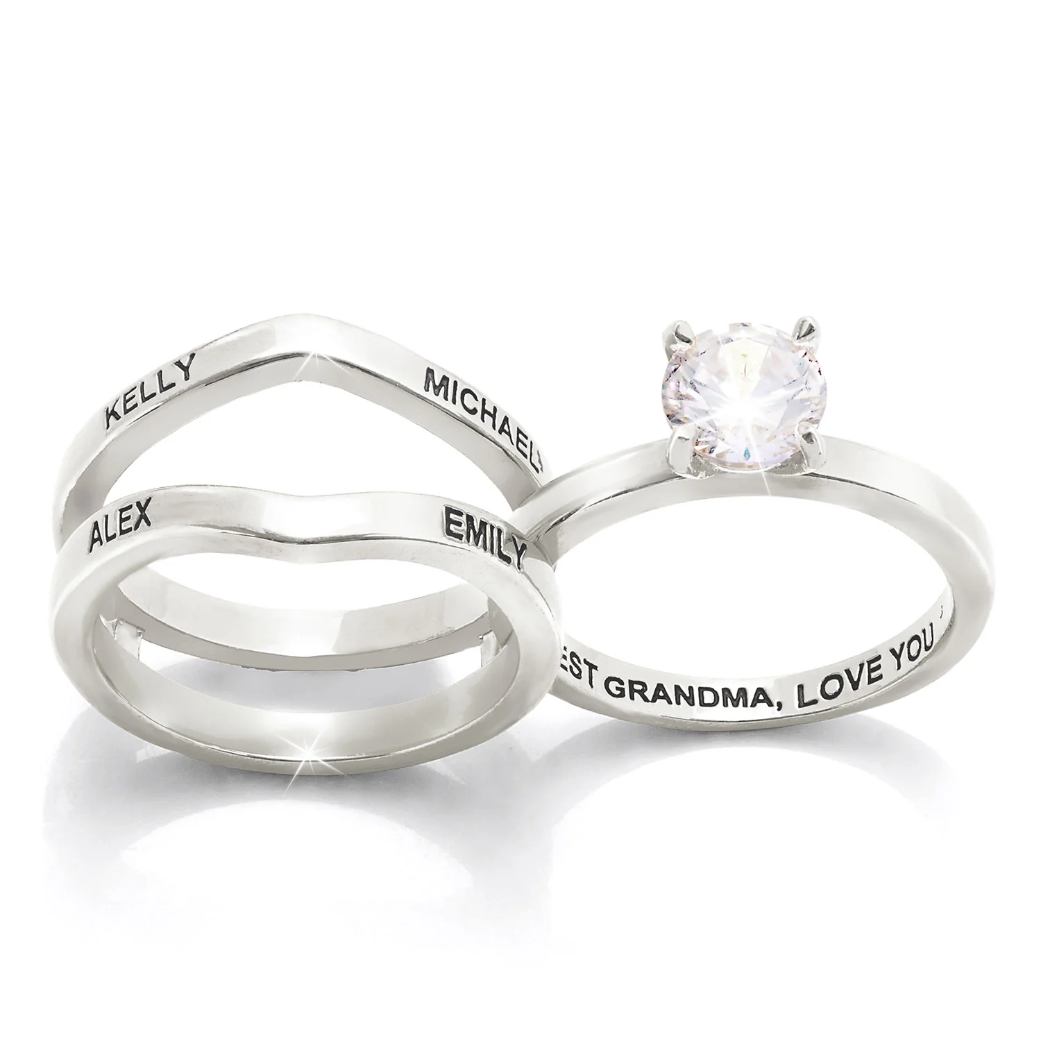 Silver Plated Solitaire and Family Name Enhancer Ring Set - Image 3