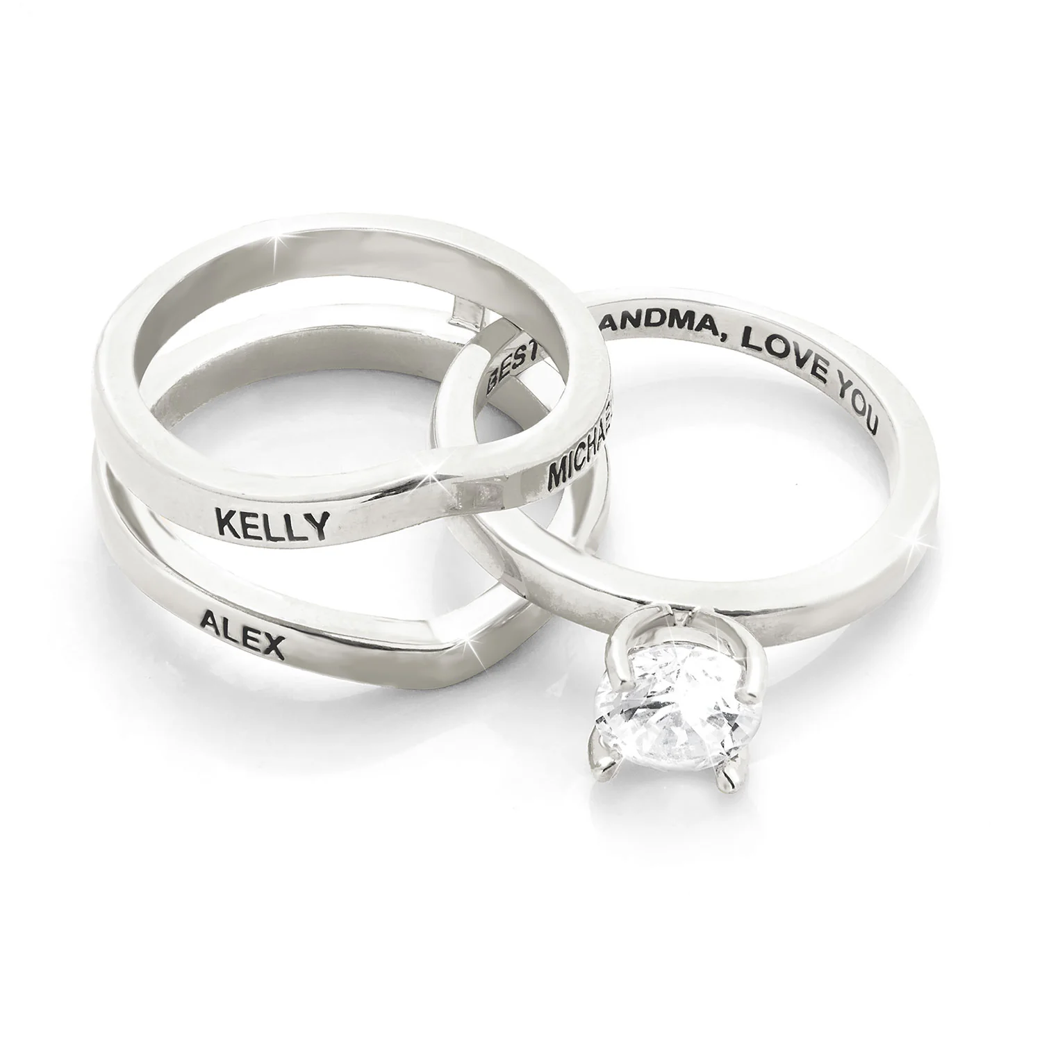 Silver Plated Solitaire and Family Name Enhancer Ring Set - Image 4