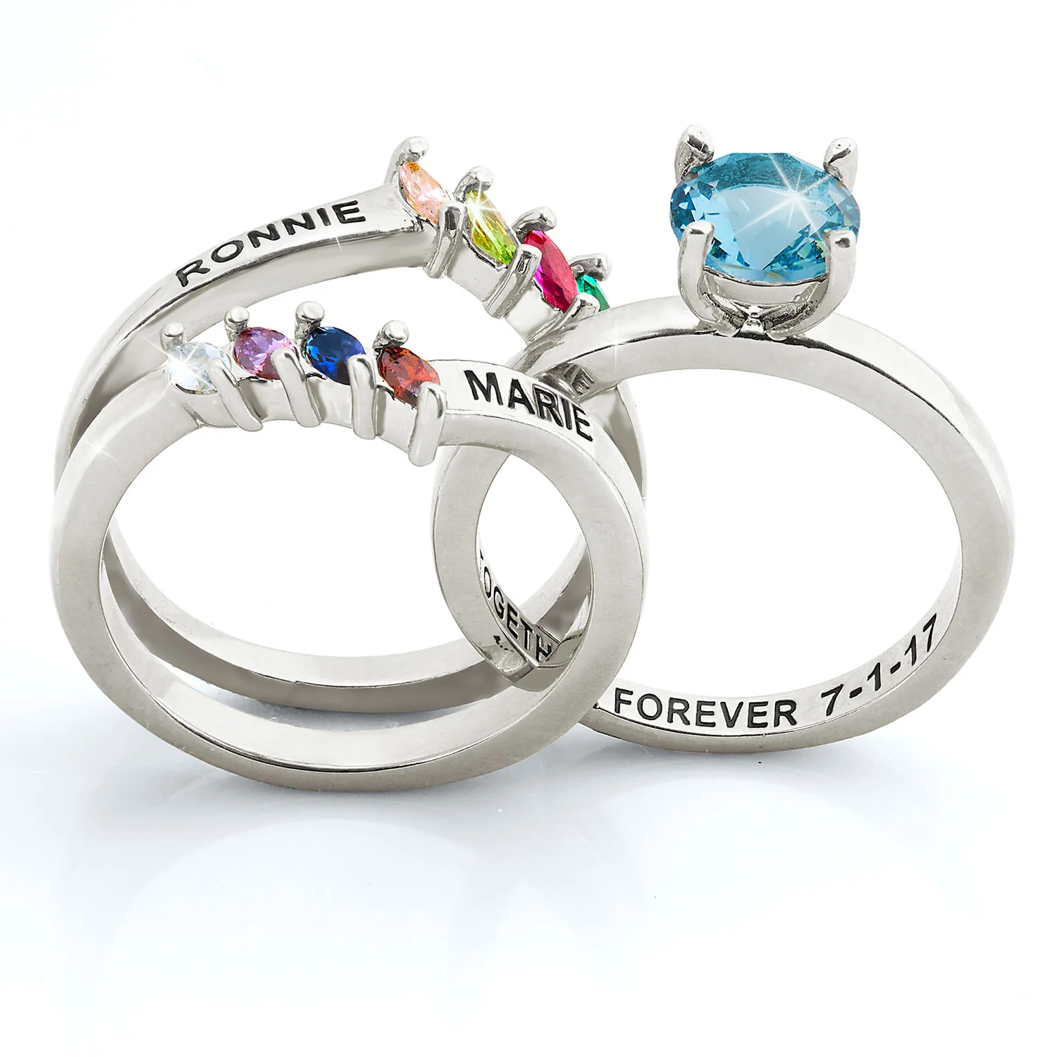 Silver Plated Solitaire and Family Birthstone Bypass Enhancer Ring Set - Image 3