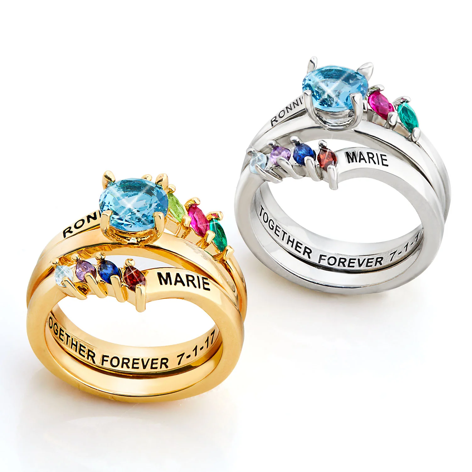 Silver Plated Solitaire and Family Birthstone Bypass Enhancer Ring Set - Image 6