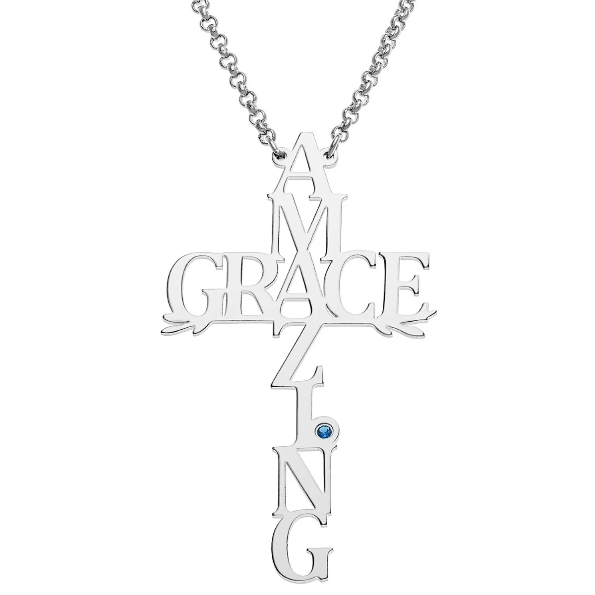Silver Plated Amazing Grace Cross with Birthstone Necklace