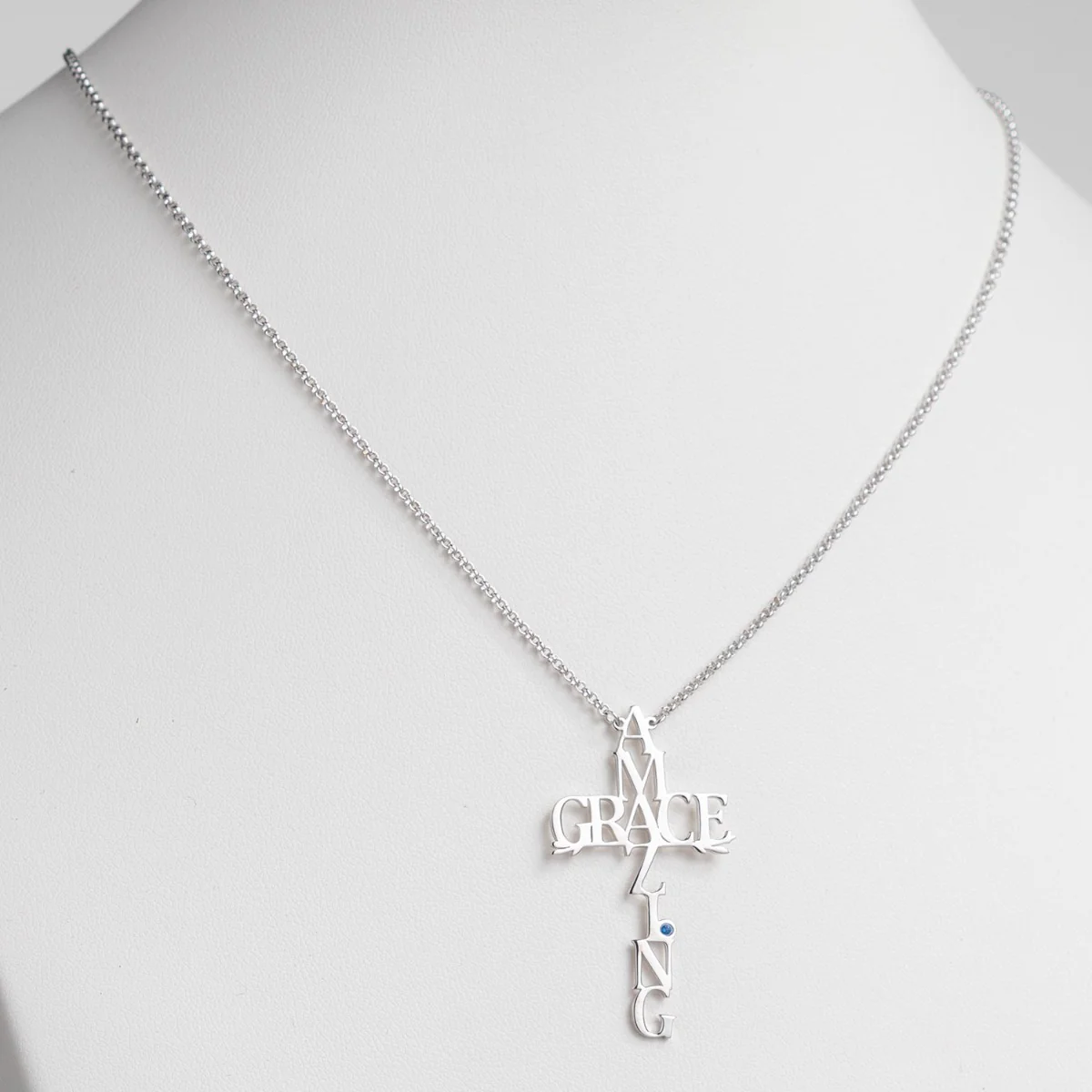 Silver Plated Amazing Grace Cross with Birthstone Necklace - Image 2