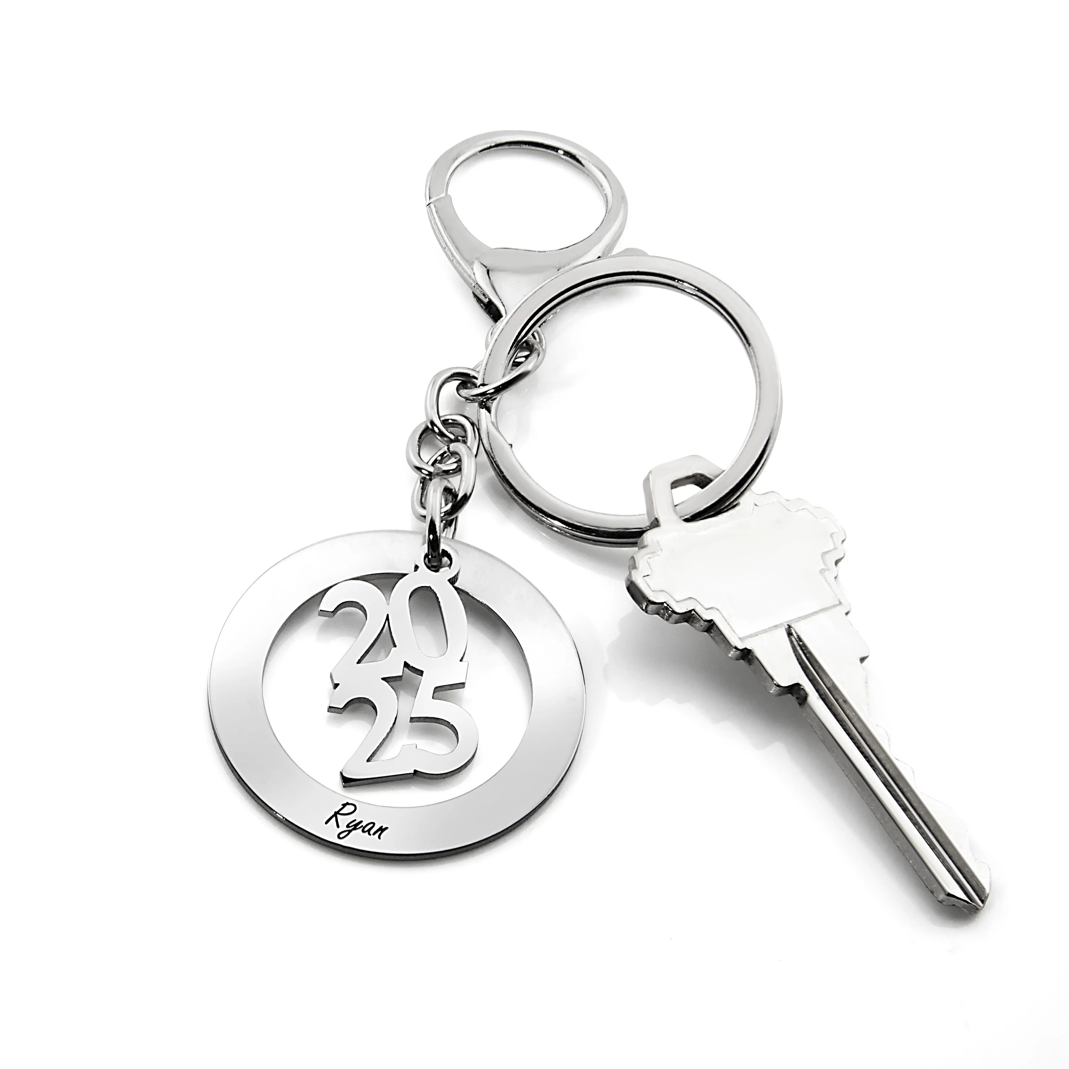 Silvertone and Stainless Steel Personalized Year and Engraved Open Circle Keychain - Image 3
