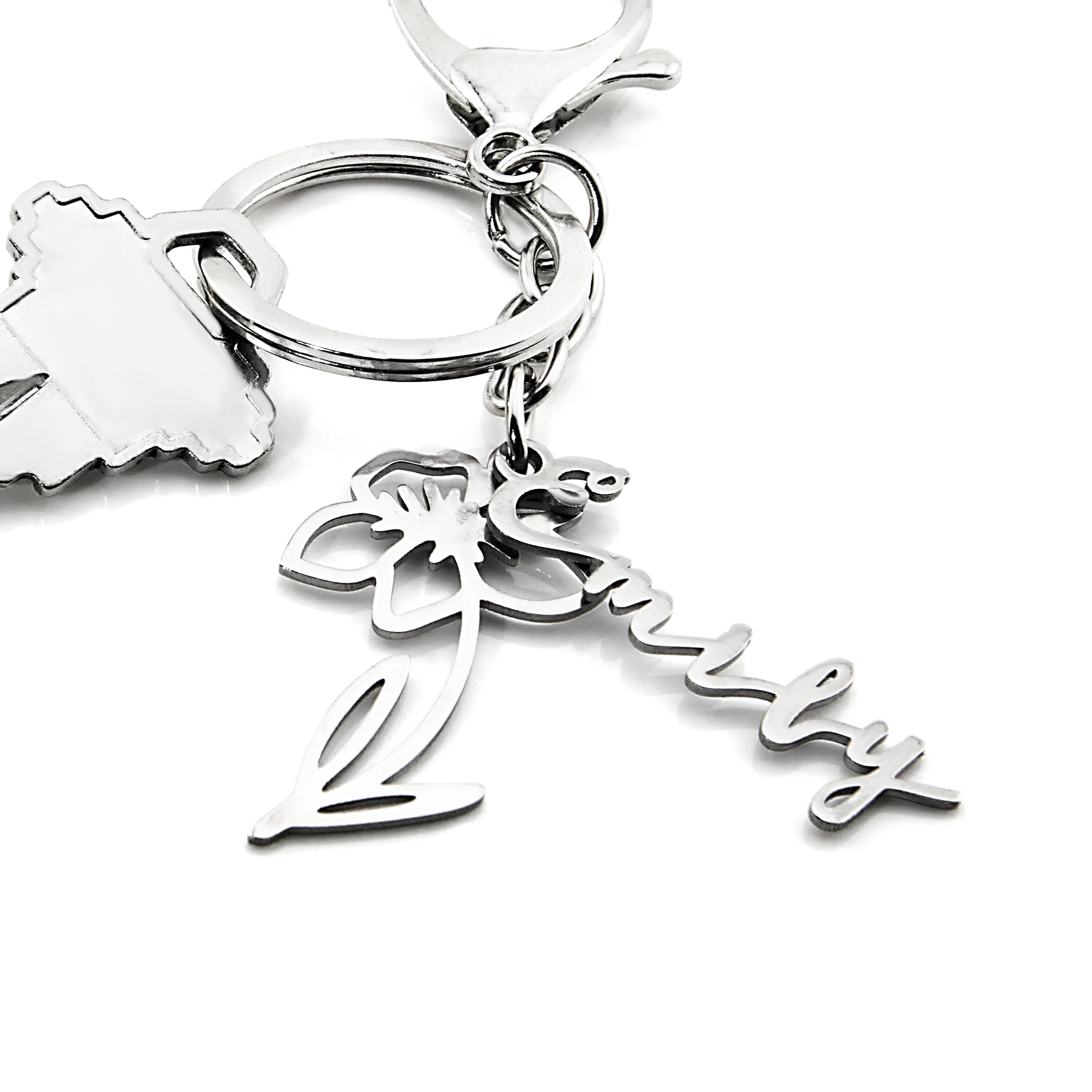 Silvertone and Stainless Steel Script Name and Birth Month Flower Keychain - Image 3