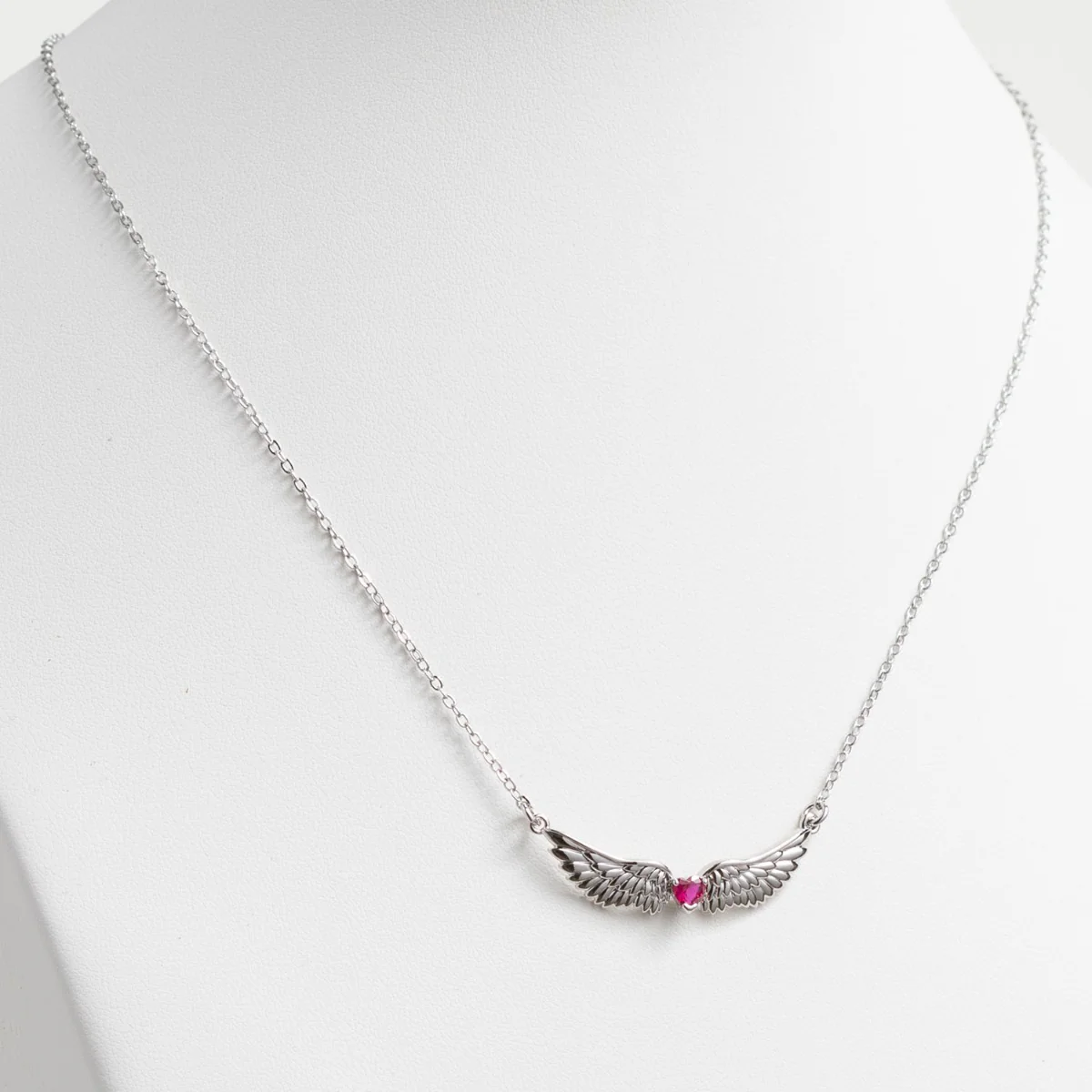 Silver Plated Angel Wing with Heart Birthstone Necklace - Image 2