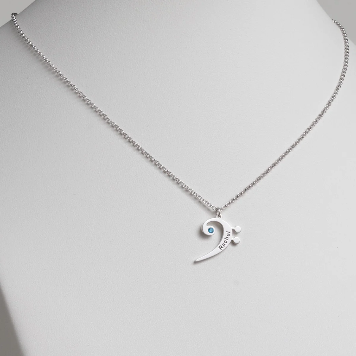 Silver Plated Bass Clef Name and Birthstone Necklace